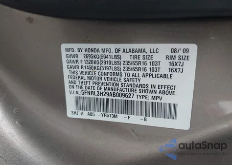 2010 Honda Odyssey Lx z USA, uszkodzony, nr VIN 5FNRL3H29AB009627